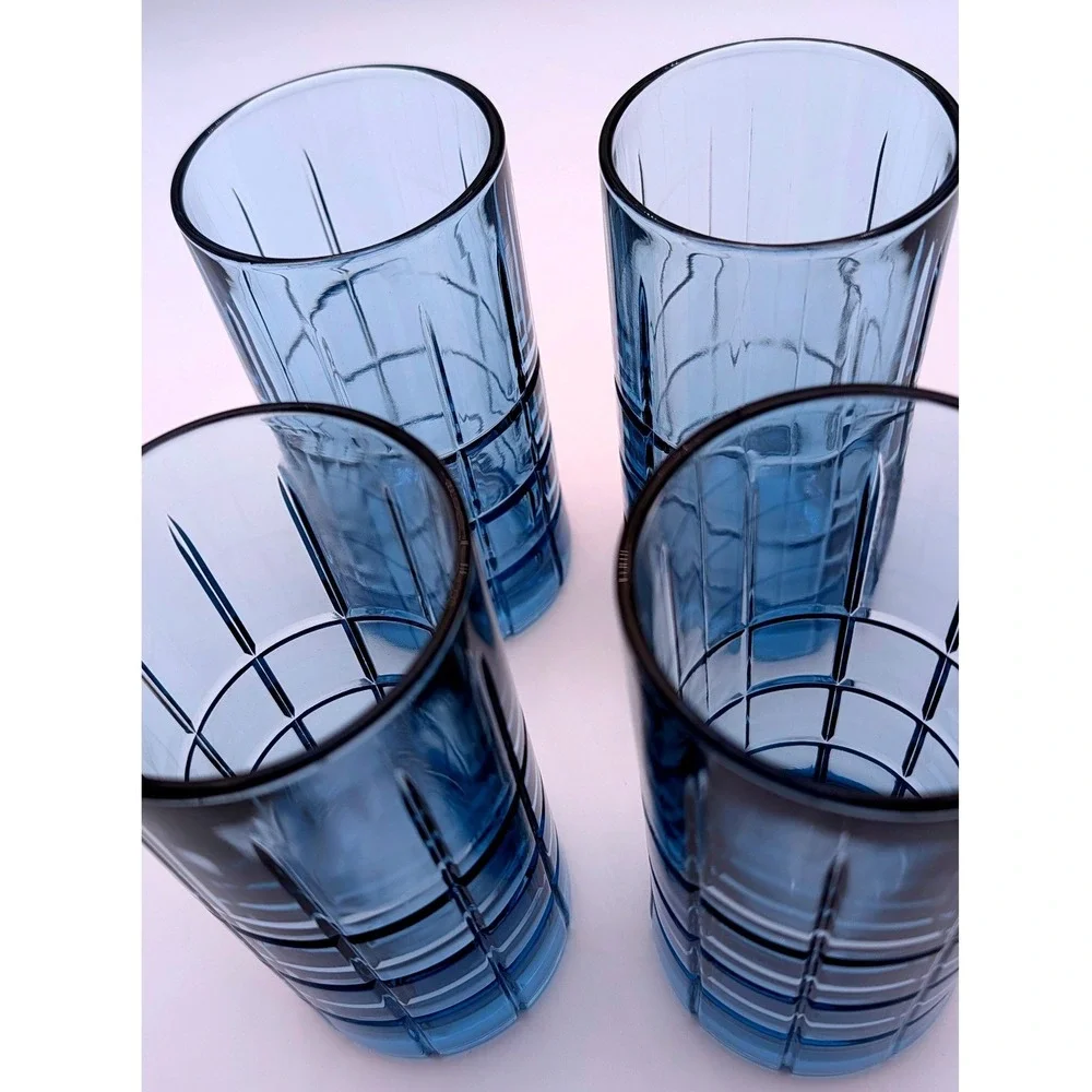 Libbey Apollo Blue Glass Tumblers Set of 4 Vintage Highball Glasses Grid Pattern